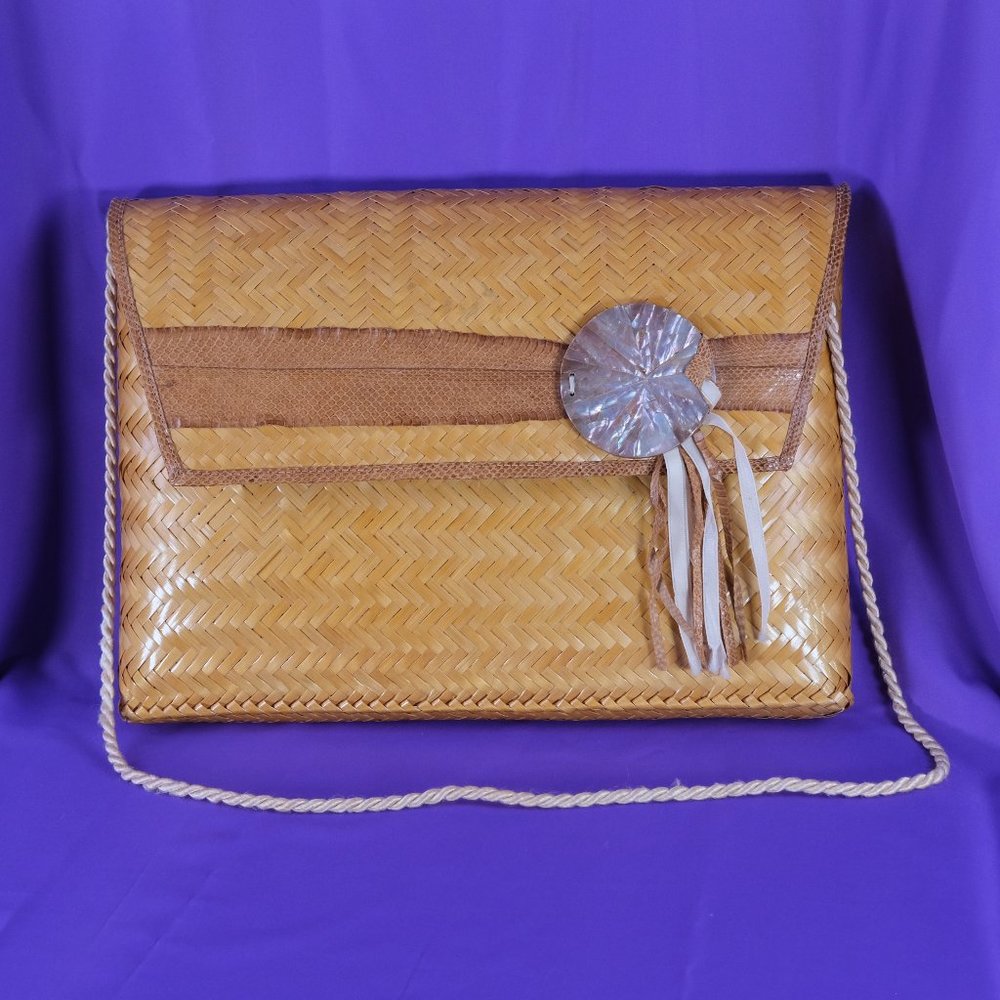 1980s Vintage Laquered Woven Straw Purse with Snakeskin Trim